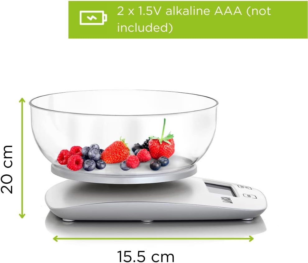 Balança de Cozinha Digital Laica KS1060W Capacidade 5kg Divisões 1g com Taça Grande e Ecrã LCD Branco - Imagem 5