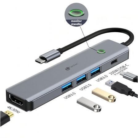 Docking USB Tipo-C Leotec LEDS05/ 3xUSB/ 1xUSB Tipo-C PD/ 1xHDMI 4K/ Cinzento