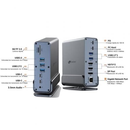 Docking USB Tipo-C Leotec LEDS06/ 5xUSB/ 2xUSB Tipo-C/ 1xUSB Tipo-C PD/ 1xDisplayPort/ 2xHDMI 4K/ 1xRJ45/ 1xJack 3.5/ 1xLeitor de Cartões/ Cinza - Imagem 4