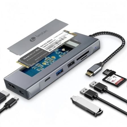 Docking USB Tipo-C Leotec LEDS07/ Ranhura SSD M.2/ 2xUSB/ 1xUSB Tipo-C/ 1xHDMI 4K/ 1xLeitor Cartões SD e MicroSD/ 1xUSB Tipo-C PD