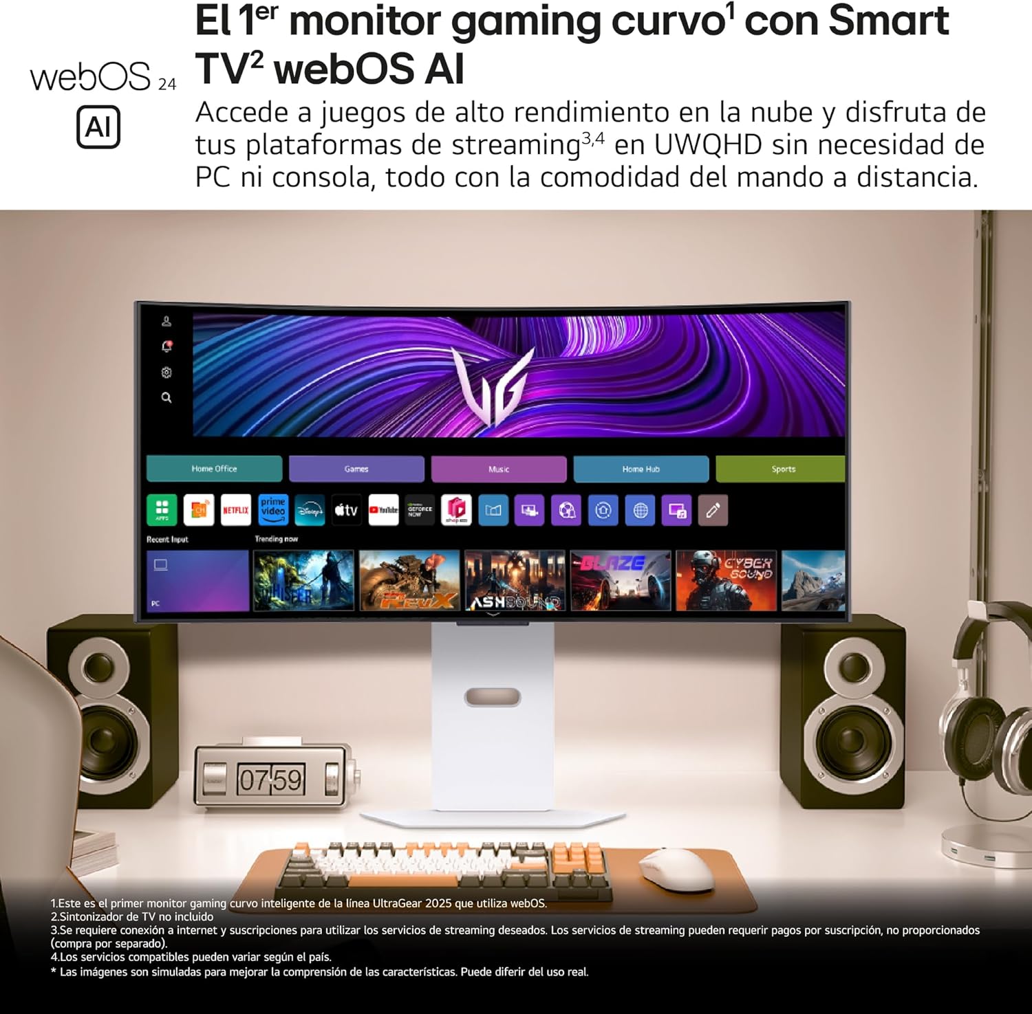 Smart Monitor Gaming Ultrapanorâmico Curvo LG UltraGear 34GX90SA-W 34"/ WQHD/ Multimédia/ 0.03ms/ 240Hz/ OLED/ Regulável em altura/ Smart TV/ Branco - Imagem 3
