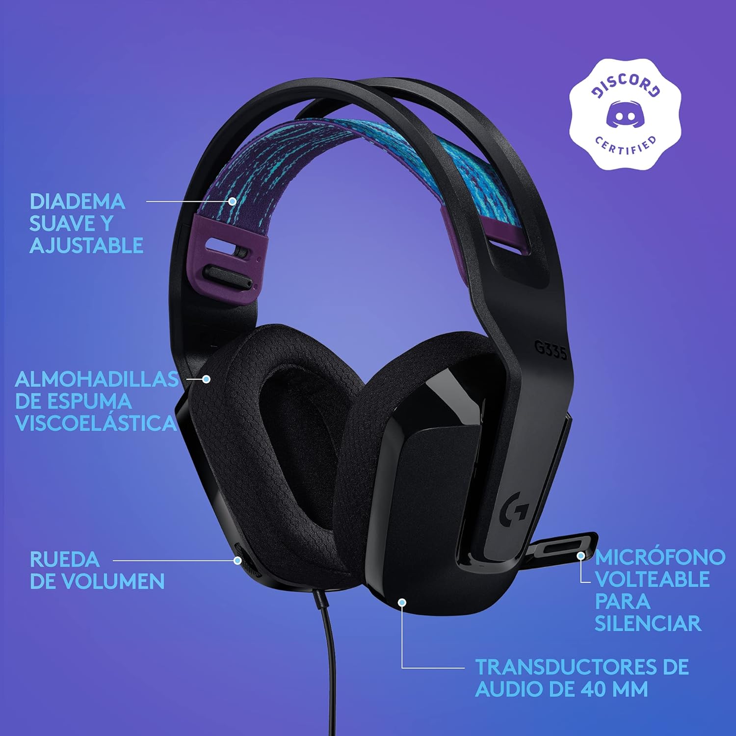 Auscultadores Gaming com Microfone Logitech G335/ Jack 3.5/ Preto - Imagem 6