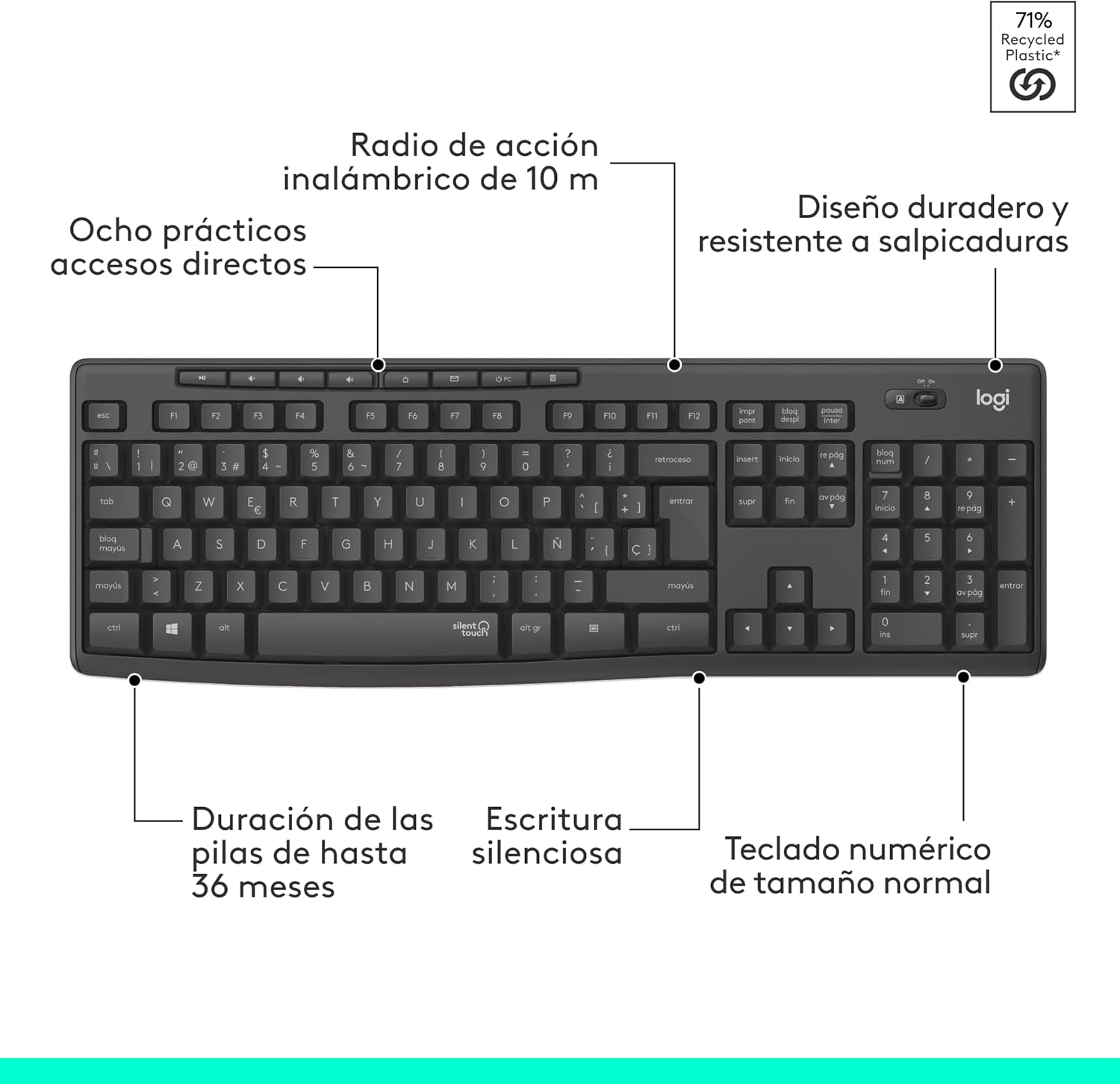 Teclado e Rato Sem Fios Logitech Silent Touch MK295/ Grafite - Imagem 8