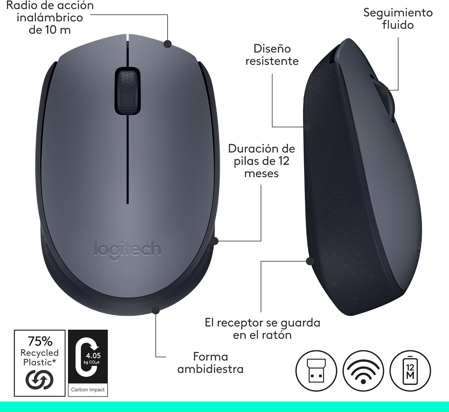 Rato Sem Fios Logitech M170/ Até 1000 DPI/ Cinzento - Imagem 9