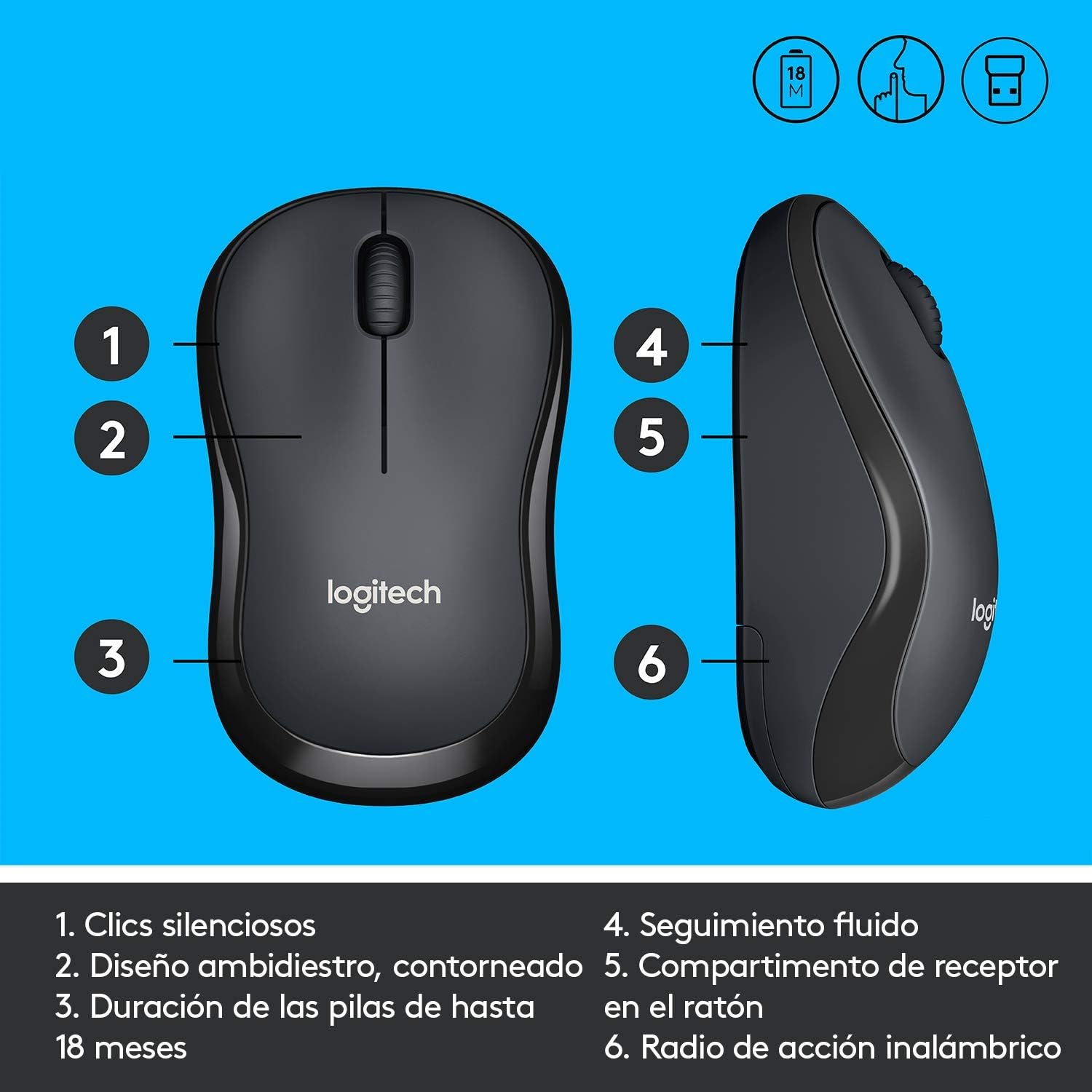 Rato Sem Fios Logitech Silent M220/ Até 1000 DPI/ Cinzento Marengo - Imagem 7