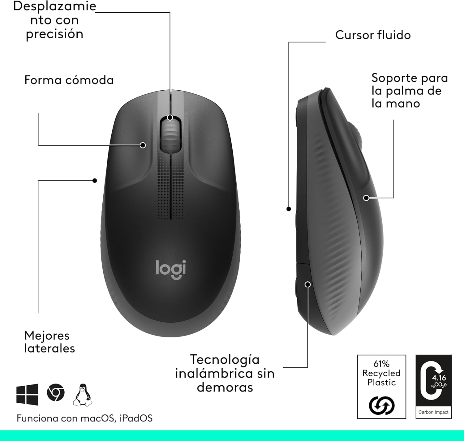 Rato Sem Fios Logitech M190/ Até 1000 DPI/ Cinzento Escuro - Imagem 7