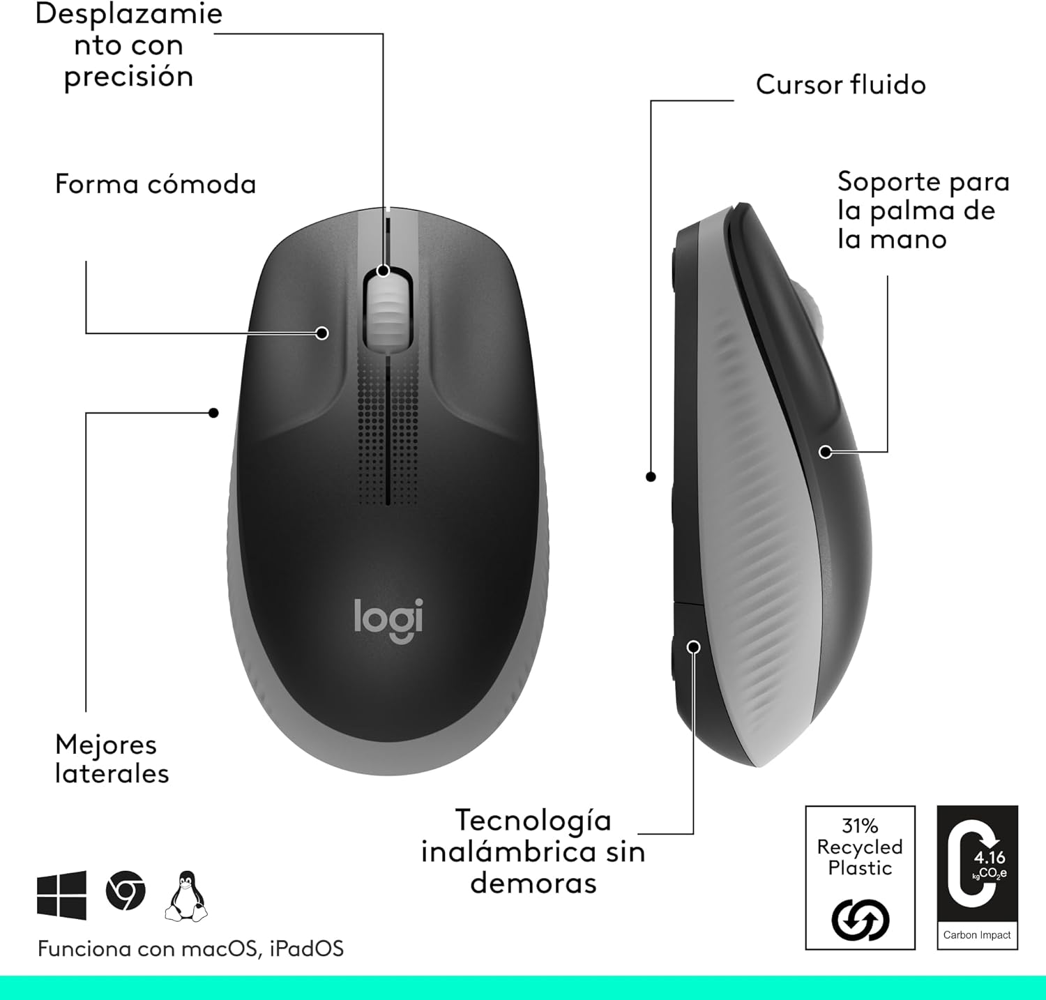 Rato Sem Fios Logitech M190/ Até 1000 DPI/ Cinzento Médio - Imagem 7