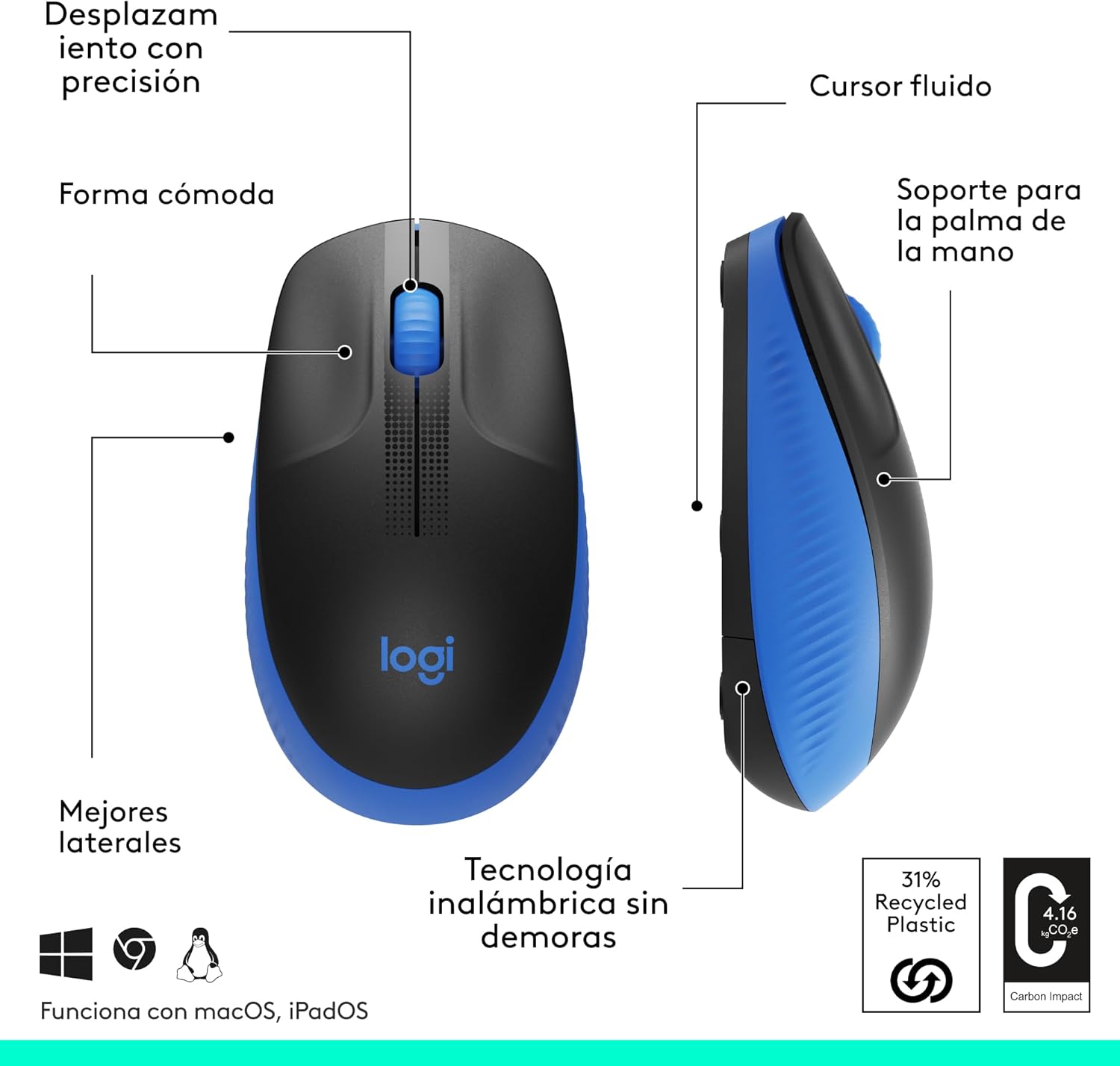 Rato Sem Fios Logitech M190/ Até 1000 DPI/ Azul - Imagem 6