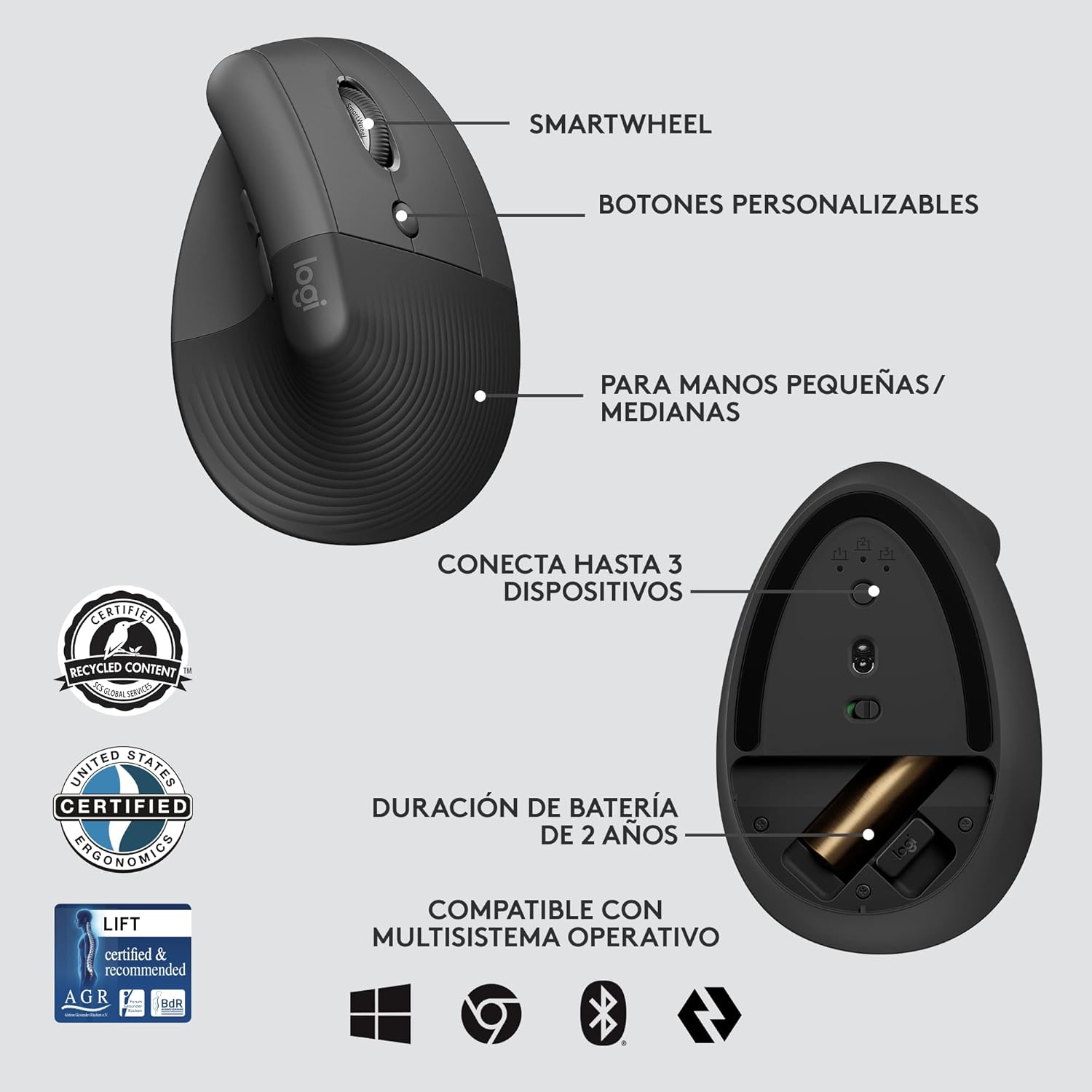 Rato Vertical Sem Fios por Bluetooth/ 2.4GHz Logitech Lift Vertical Ergonomic Mouse Business/ Até 4000 DPI/ Grafite - Imagem 7