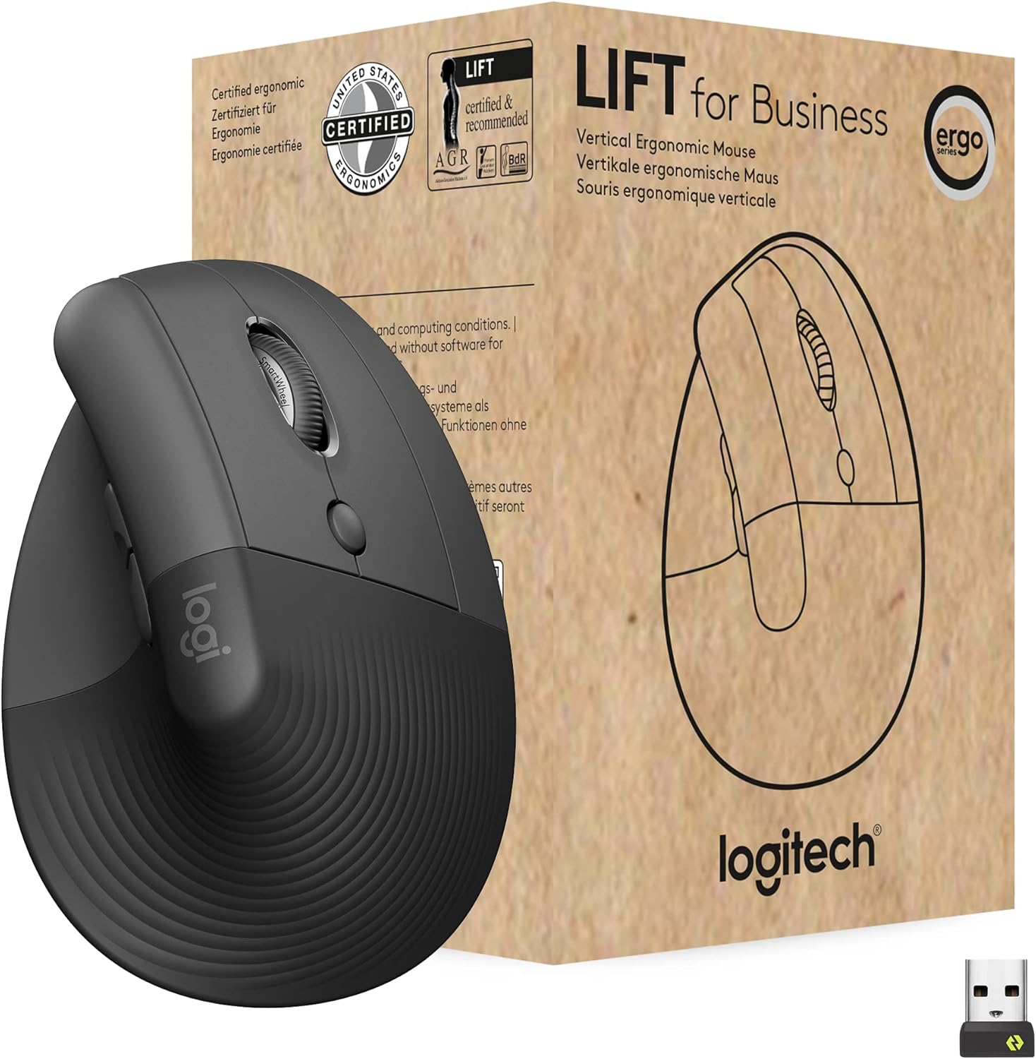 Rato Vertical Sem Fios por Bluetooth/ 2.4GHz Logitech Lift Vertical Ergonomic Mouse Business/ Até 4000 DPI/ Grafite