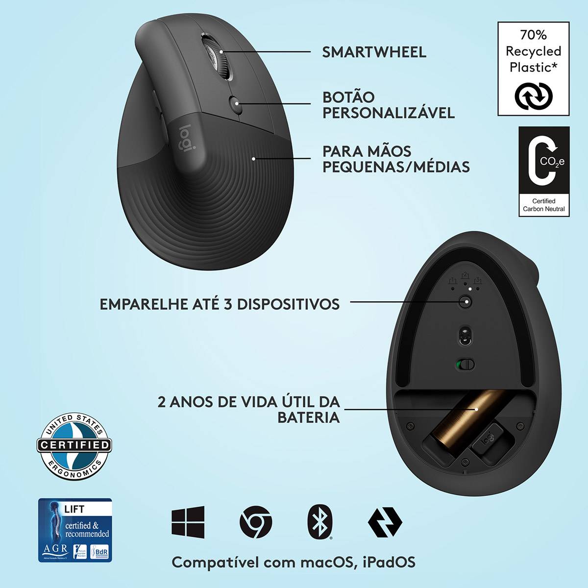 Rato Vertical Sem Fios por Bluetooth/ 2.4GHz Logitech Lift Vertical Ergonomic Mouse/ Até 4000 DPI/ Grafite - Imagem 8