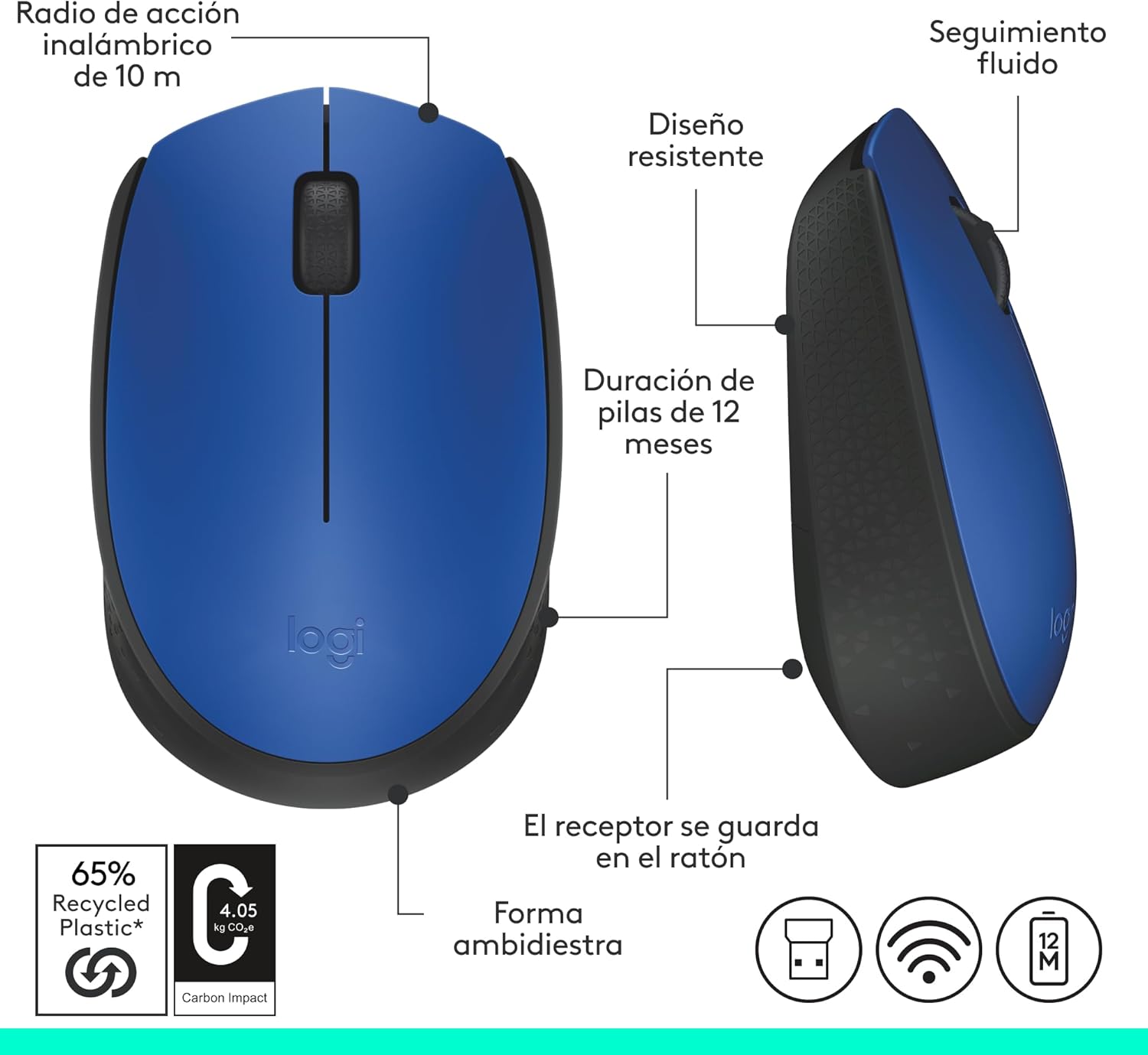 Rato Sem Fios Logitech M171/ Até 1000 DPI/ Azul - Imagem 8