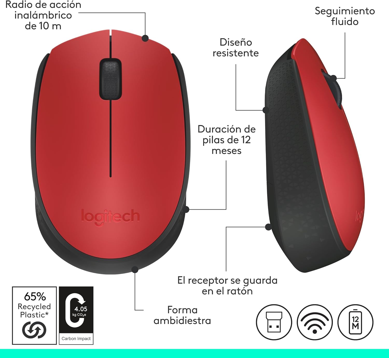 Rato Sem Fios Logitech M171/ Até 1000 DPI/ Vermelho - Imagem 8