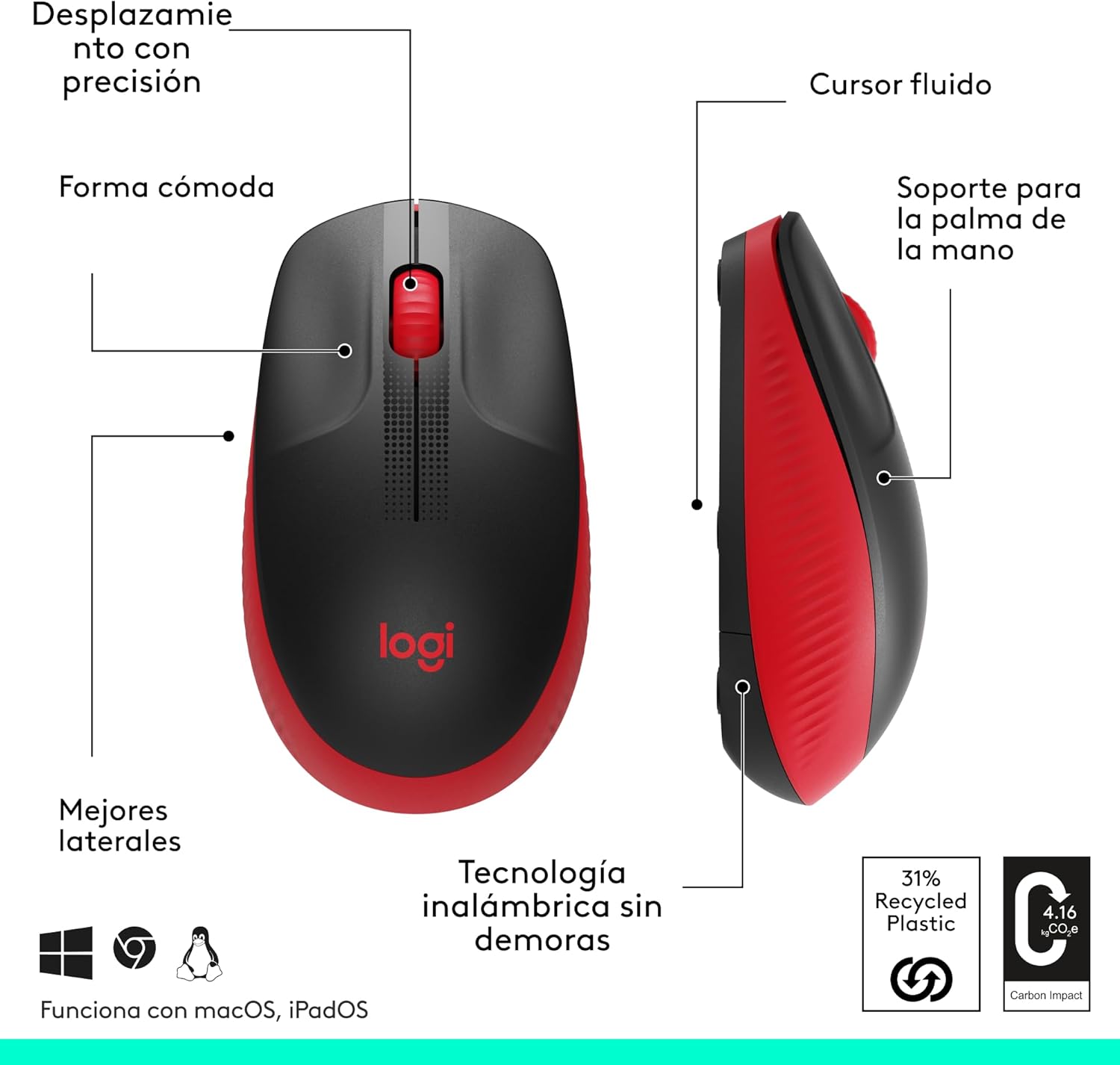 Rato Sem Fios Logitech M190/ Até 1000 DPI/ Vermelho - Imagem 6