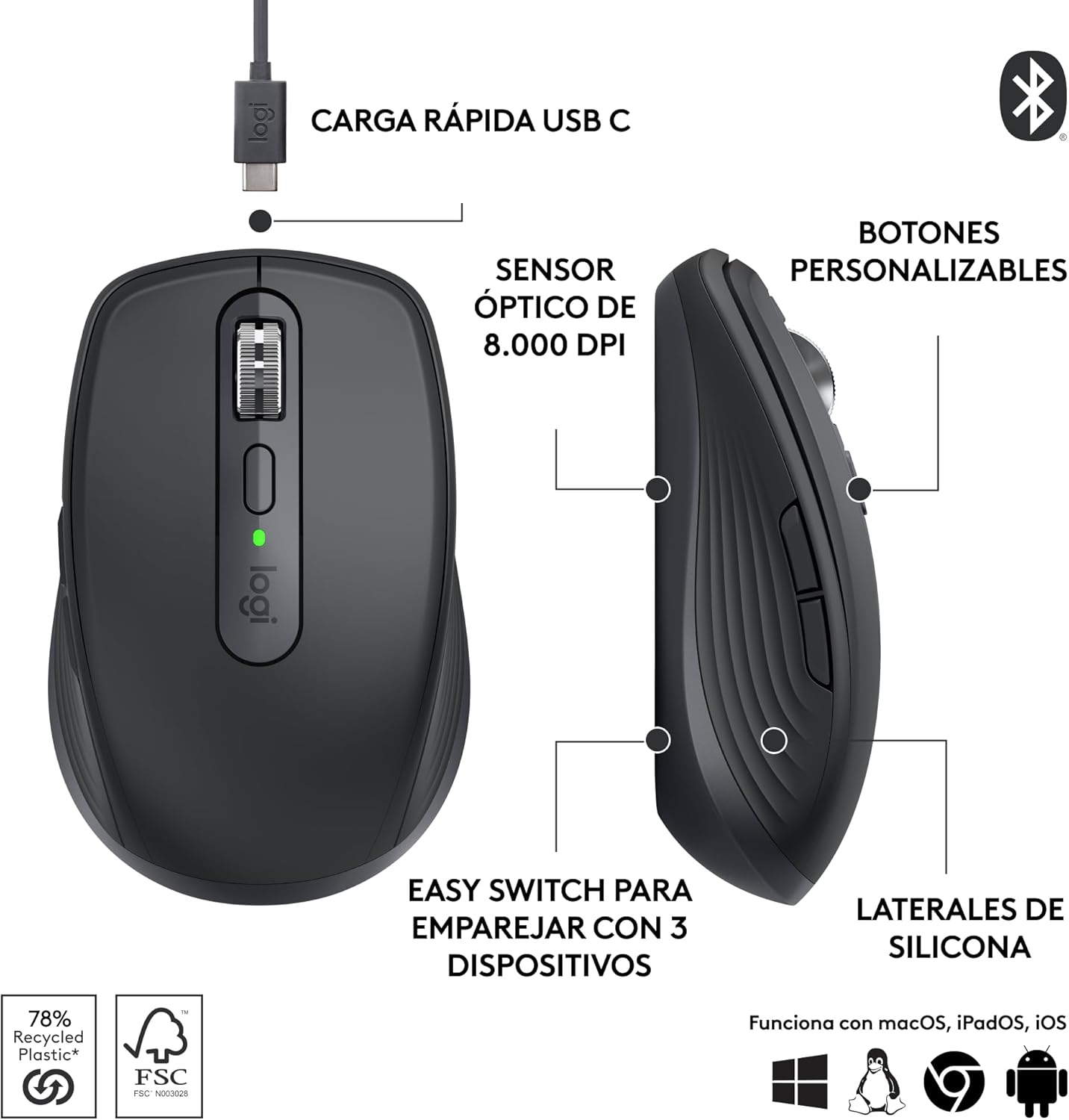 Rato Sem Fios por Bluetooth Logitech MX Anywhere 3S/ Bateria recarregável/ Até 8000 DPI/ Grafite - Imagem 7
