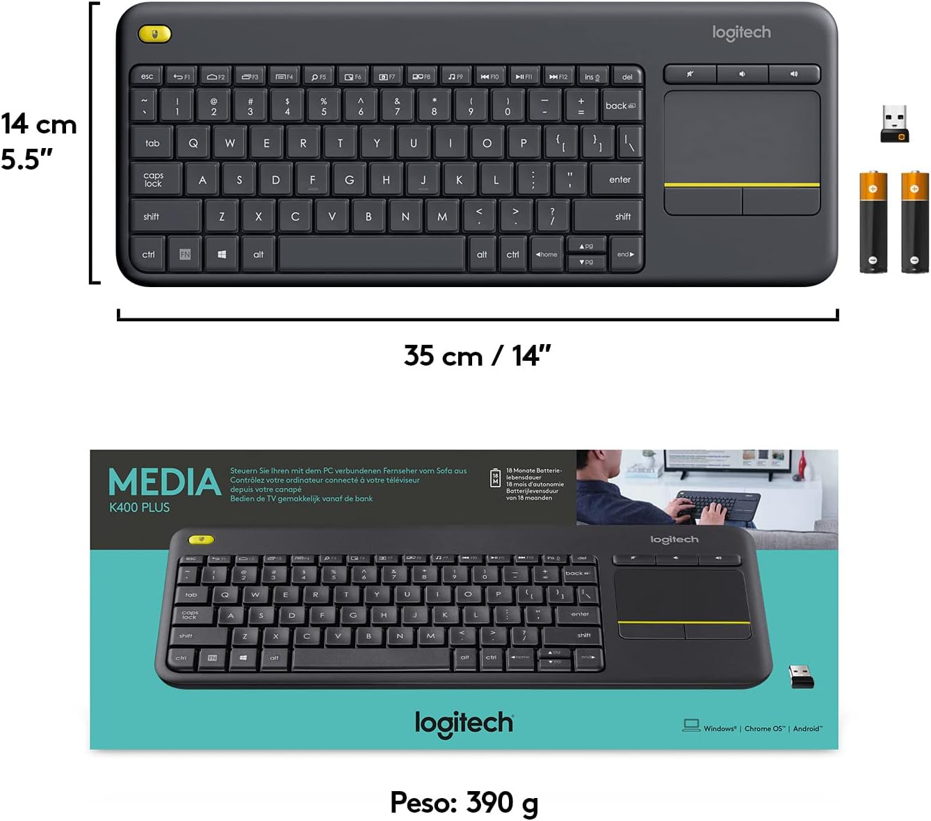 Teclado para Smart TV Logitech Wireless Touch K400 Plus - Imagem 3
