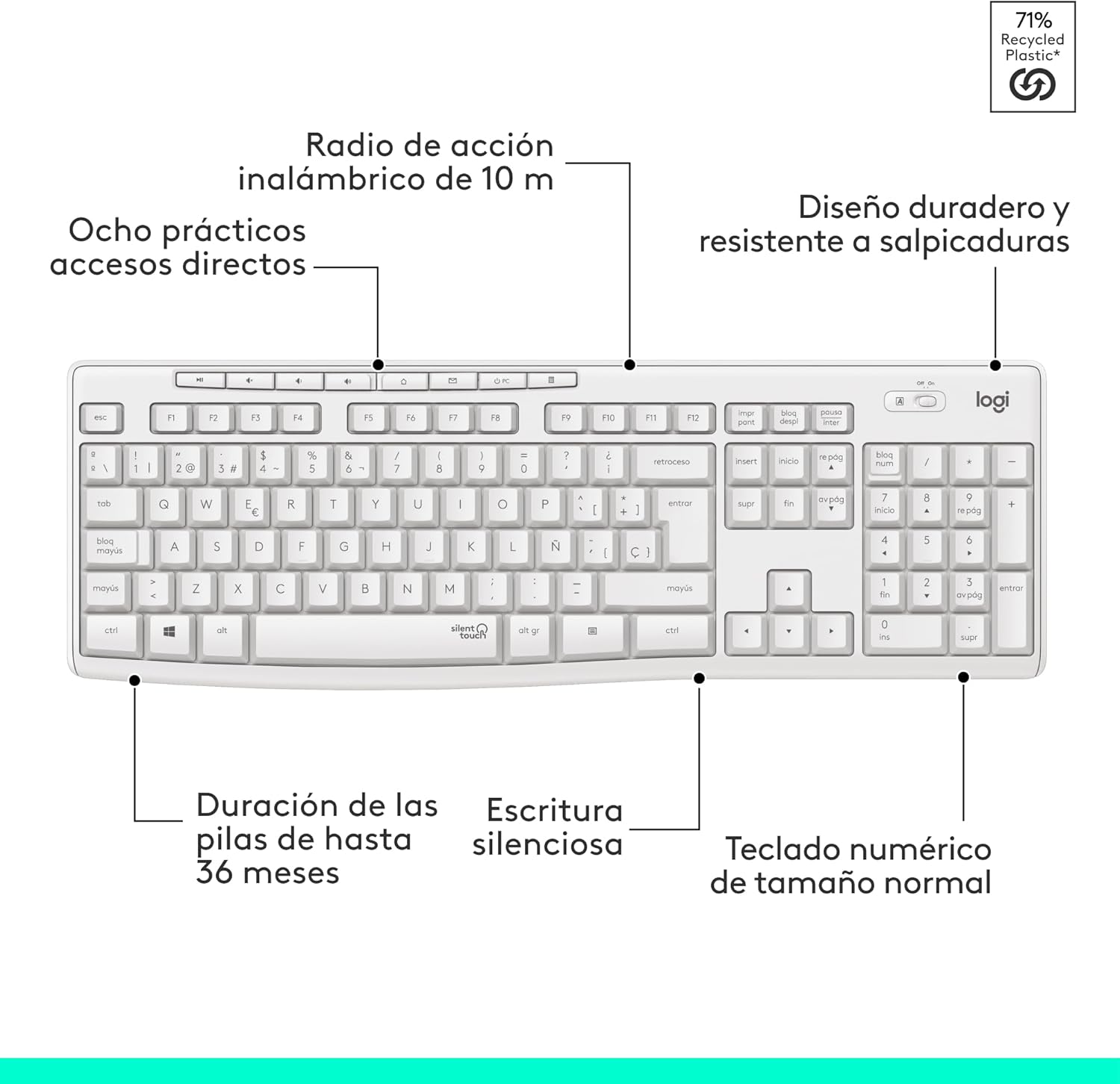 Teclado e Rato Sem Fios Logitech Silent Touch MK295/ Branco - Imagem 7