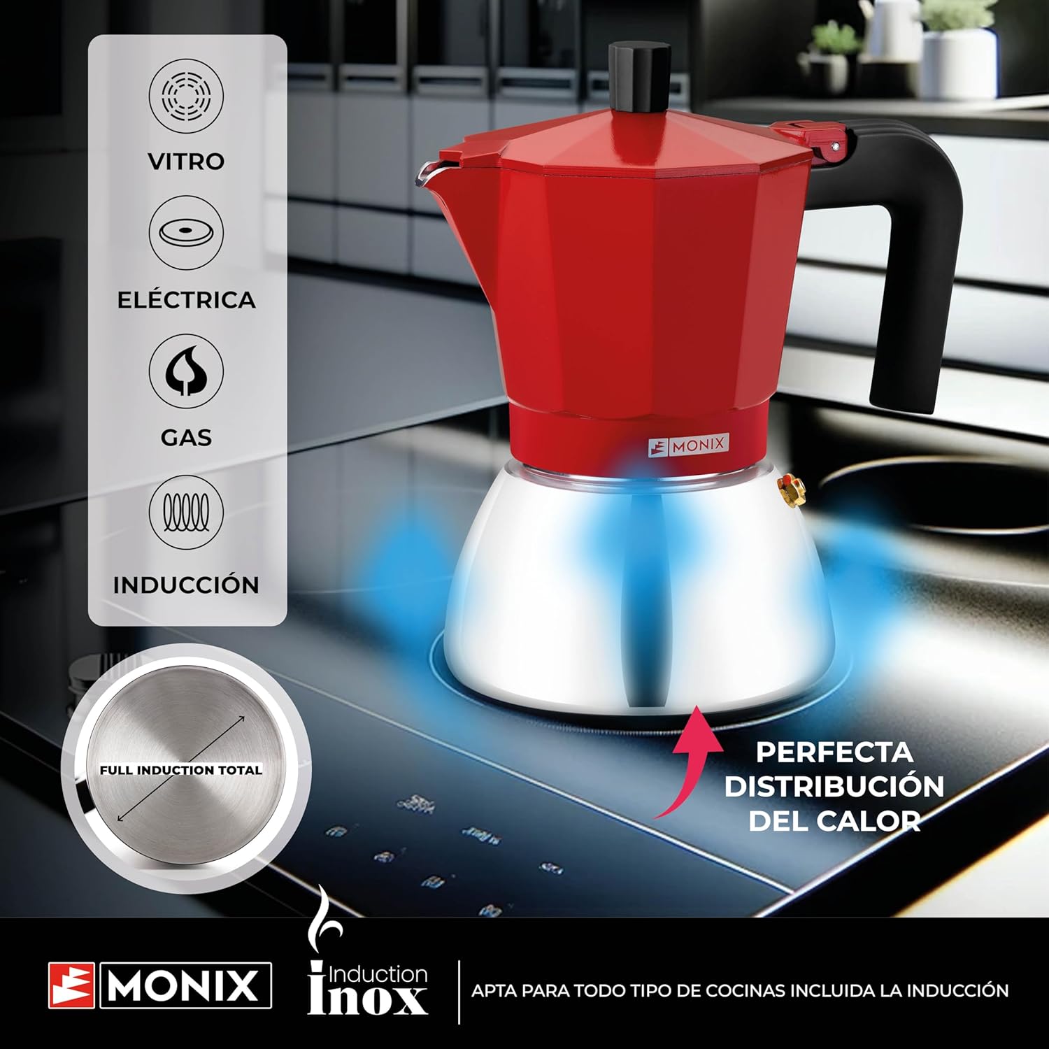 Cafeteira Italiana Monix Induction Inox M863106/ 6 Chávenas/ Vermelha - Imagem 4