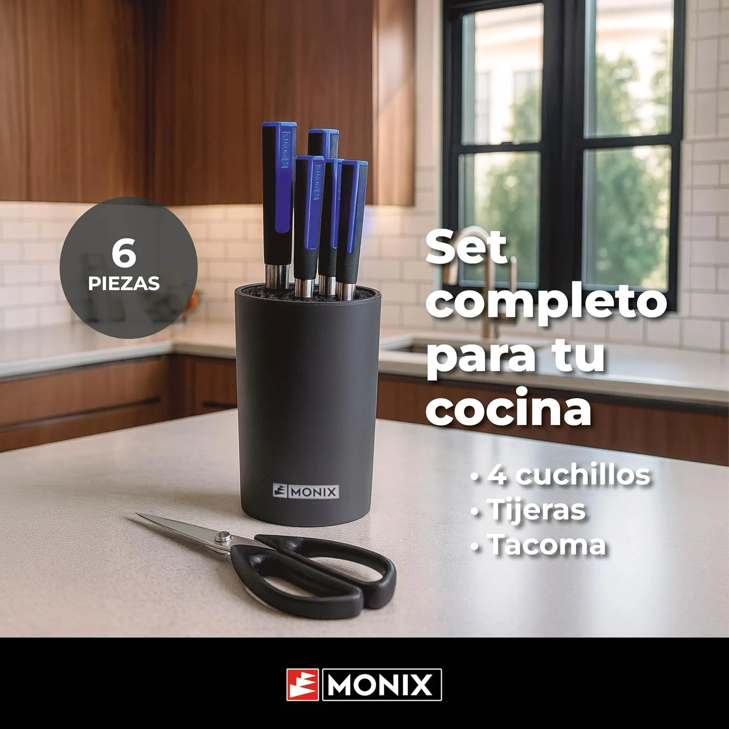 Conjunto de Facas Monix Solid+ M355003 6 Peças com 4 Facas Santoku, Tesoura e Taco Organizador - Imagem 3