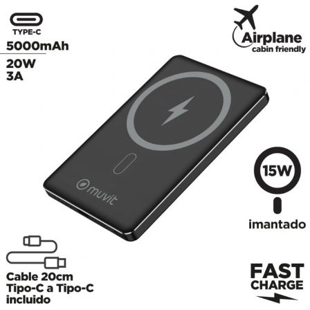 Powerbank 5000mAh Muvit For Change MCCHP0009/ 20W/ Wireless/ Preto/ Inclui Cabo USB Tipo-C - Imagem 2