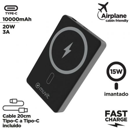 Powerbank 10000mAh Muvit For Change MCCHP0010/ 20W/ Wireless/ Preta/ Inclui Cabo USB Tipo-C - Imagem 3