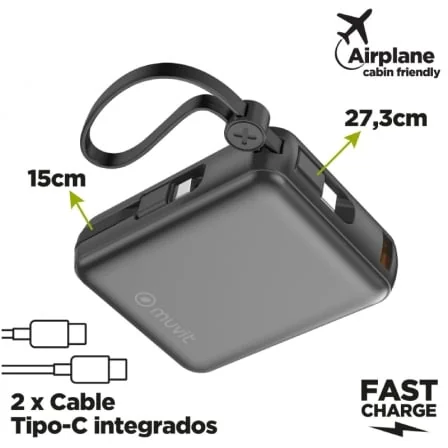 Powerbank Muvit For Change 10000mAh 35W com 2 Cabos USB-C Integrados e USB-A Preto MCCHP0014 - Imagem 3