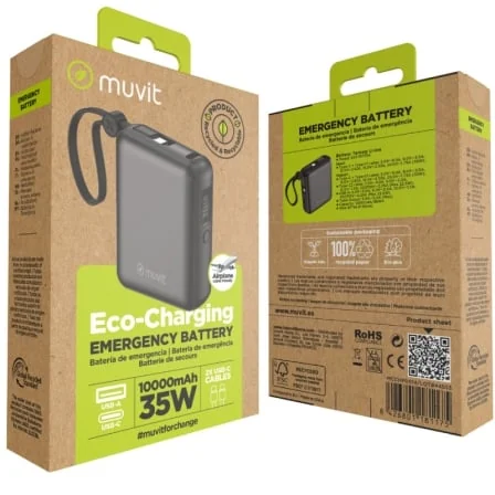 Powerbank Muvit For Change 10000mAh 35W com 2 Cabos USB-C Integrados e USB-A Preto MCCHP0014 - Imagem 5