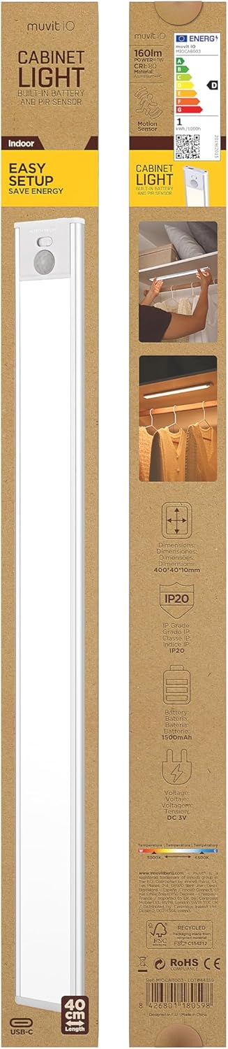 Barra de Luz Muvit iO MIOCAB003 40cm com Sensor de Movimento 1500mAh 3 Modos CCT USB-C Branco - Imagem 5