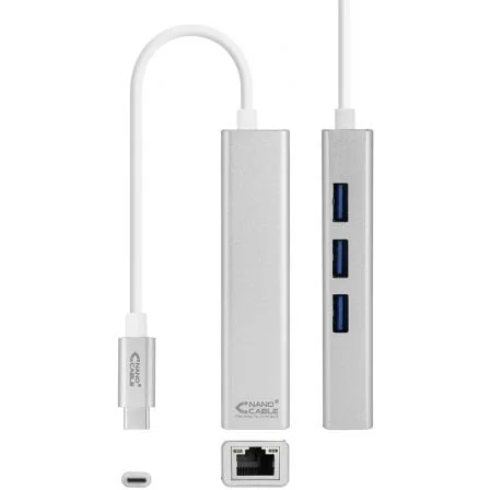 Hub USB-C Nanocable 10.03.0404 3x USB 3.0 e RJ45 Gigabit Ethernet 15cm Prateado - Imagem 2