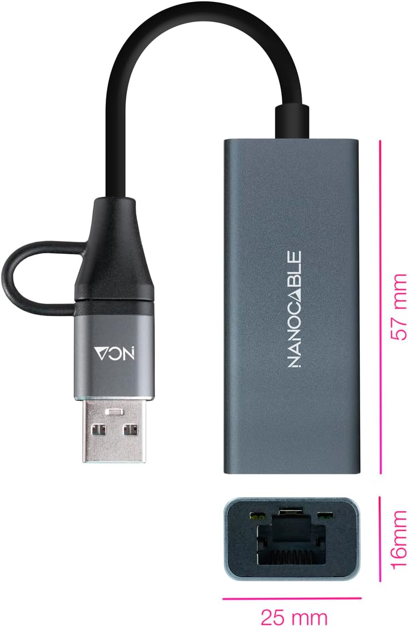 Adaptador USB Macho + USB Tipo-C Macho - RJ45 Nanocable 10.03.0411/ 1000Mbps - Imagem 2
