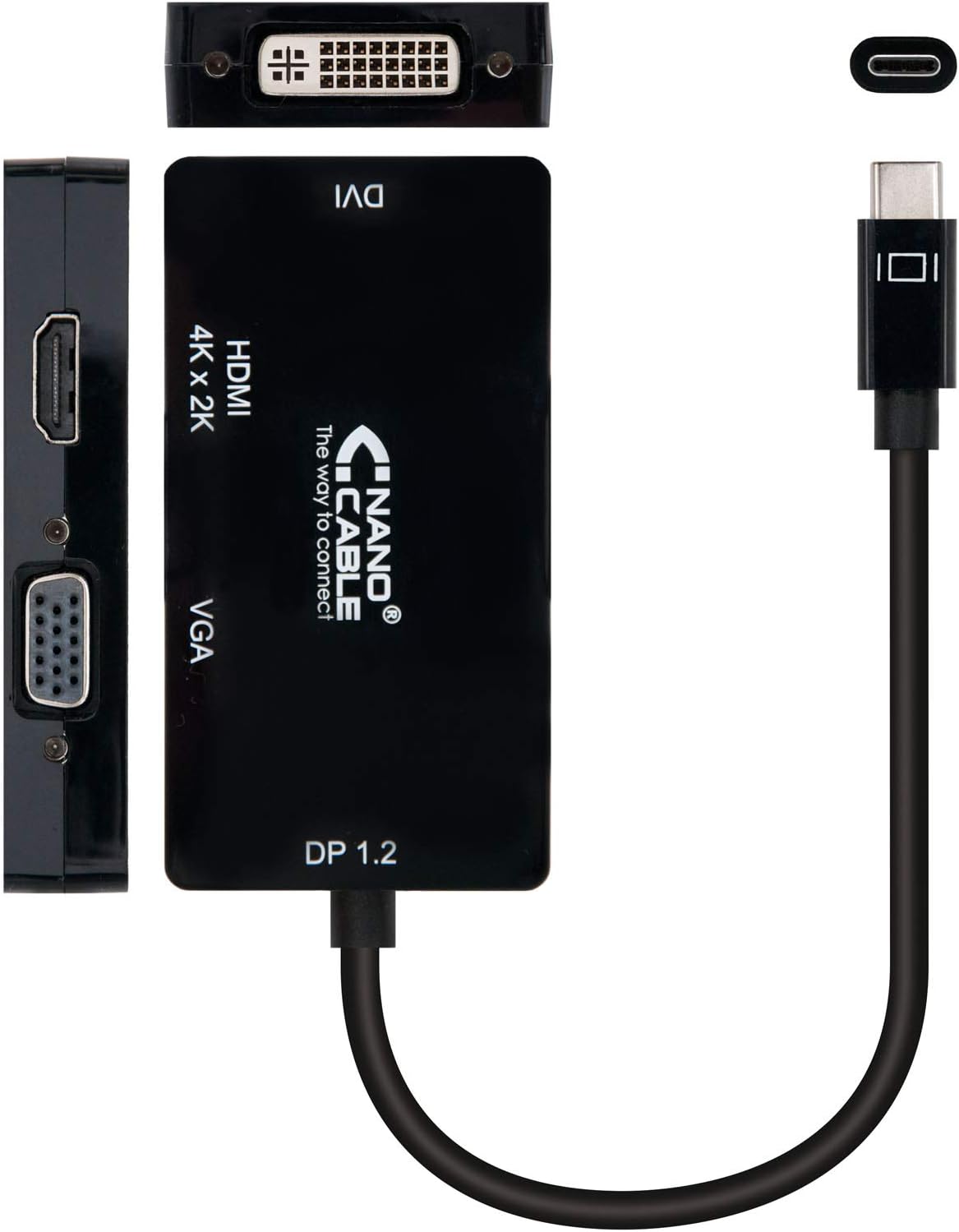 Conversor Nanocable 10.16.4301-BK USB-C para VGA DVI HDMI 4K 10cm Preto