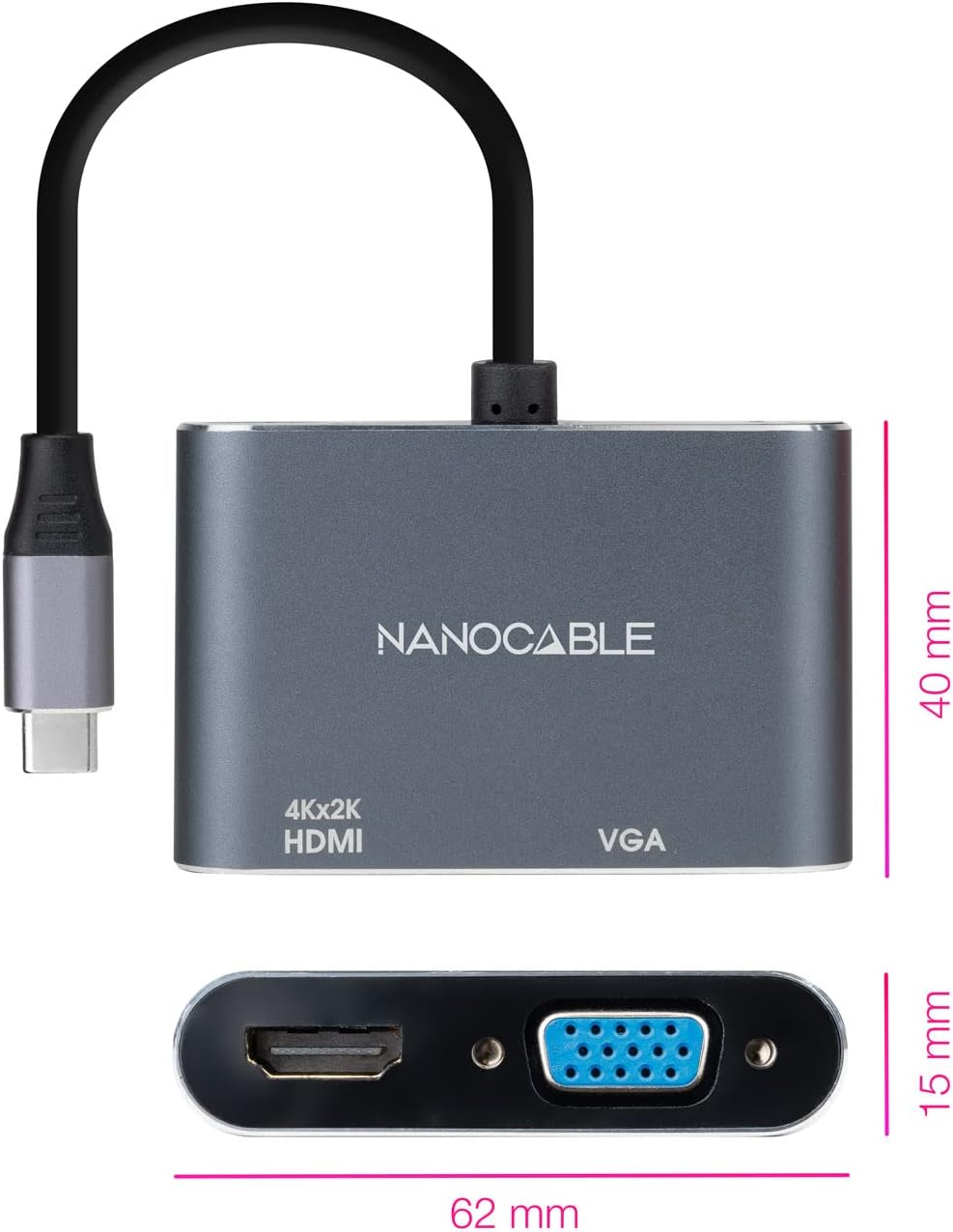 Conversor Nanocable 10.16.4303/ USB Tipo-C Macho/ HDMI Fêmea - VGA Fêmea/ 15cm/ Cinzento - Imagem 2