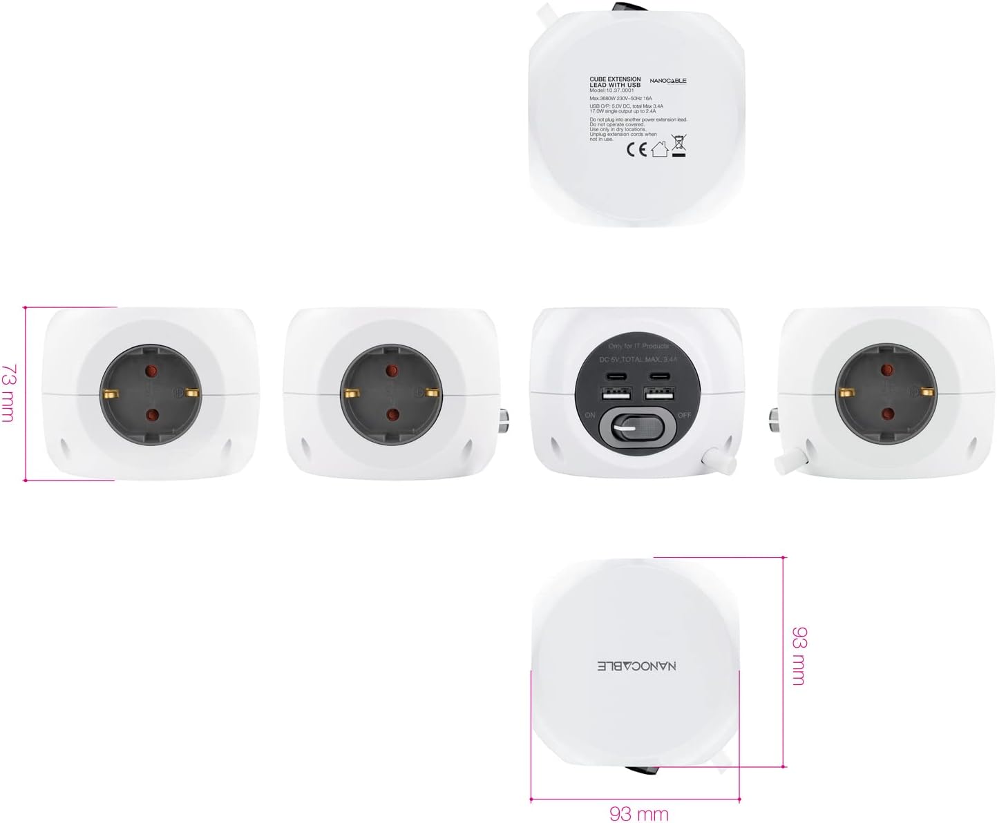 Régua de Extensão Nanocable 10.37.0001/ 3 Tomadas/ 2 USB - 2 USB Tipo-C/ Cabo 1.4m/ Branca - Imagem 4