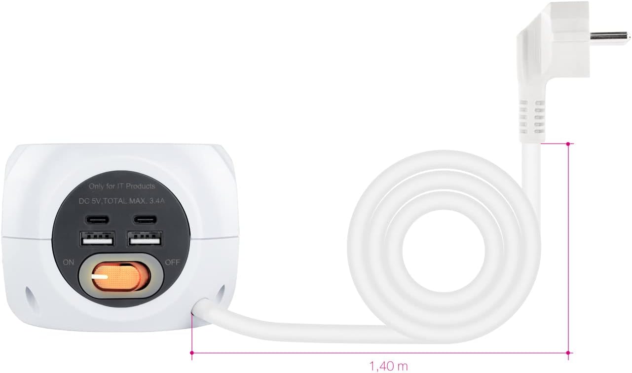 Régua de Extensão Nanocable 10.37.0001/ 3 Tomadas/ 2 USB - 2 USB Tipo-C/ Cabo 1.4m/ Branca - Imagem 5