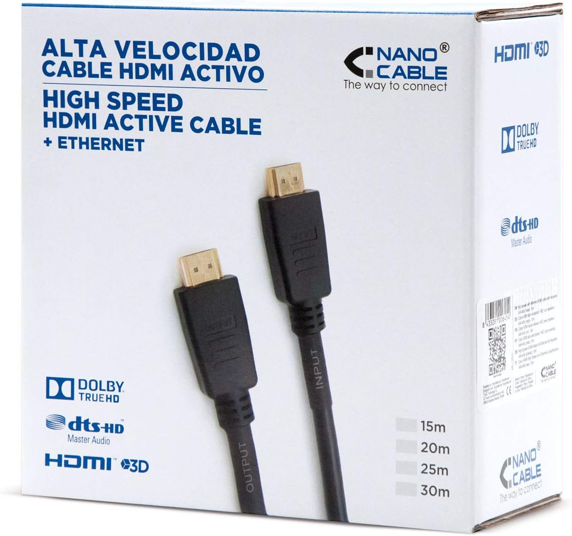 Cabo HDMI Nanocable 10.15.1830 30m 4K UHD 10.2Gbps Macho-Macho Ethernet Conetores Ouro Preto - Imagem 5