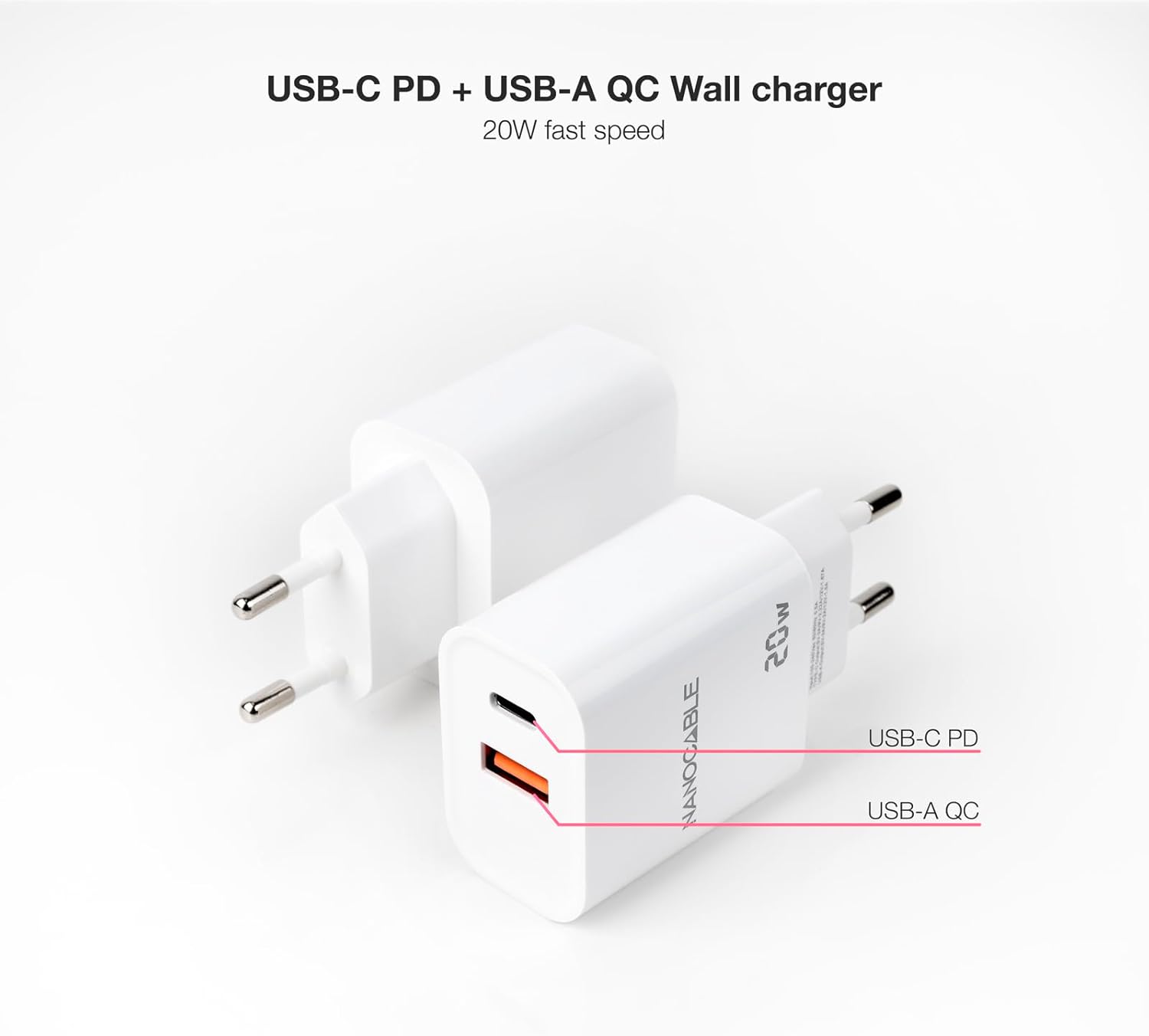 Carregador de Parede Nanocable 10.10.2007/ 1xUSB/ 1xUSB Tipo-C/ 20W/ Branco - Imagem 2