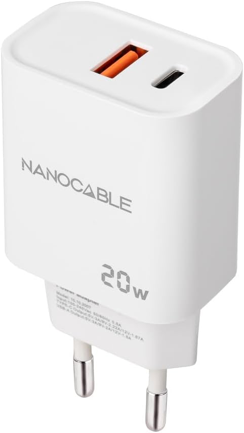 Carregador de Parede Nanocable 10.10.2007/ 1xUSB/ 1xUSB Tipo-C/ 20W/ Branco