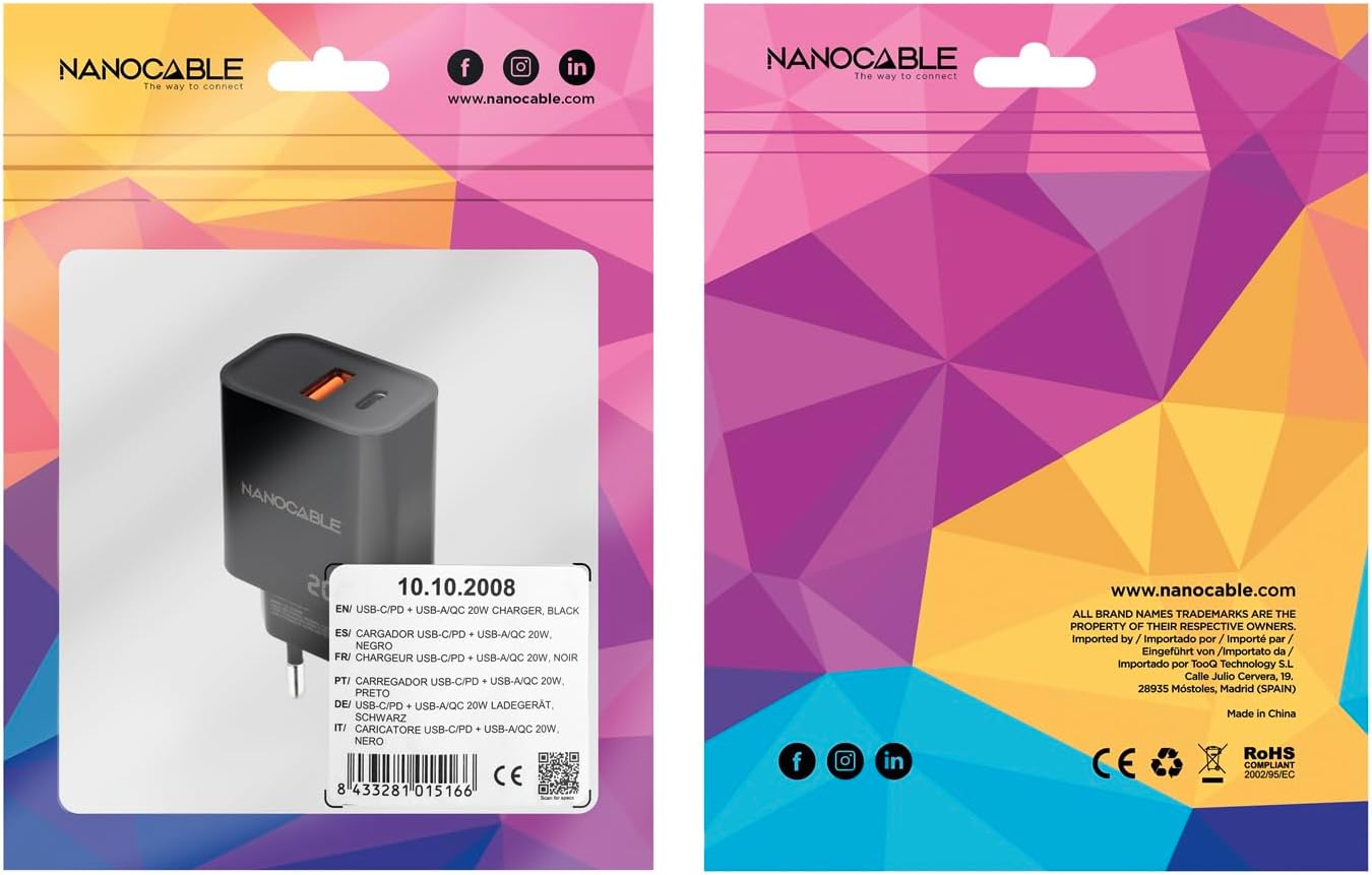 Carregador de Parede Nanocable 10.10.2008/ 1xUSB/ 1xUSB Tipo-C/ 20W/ Preto - Imagem 5