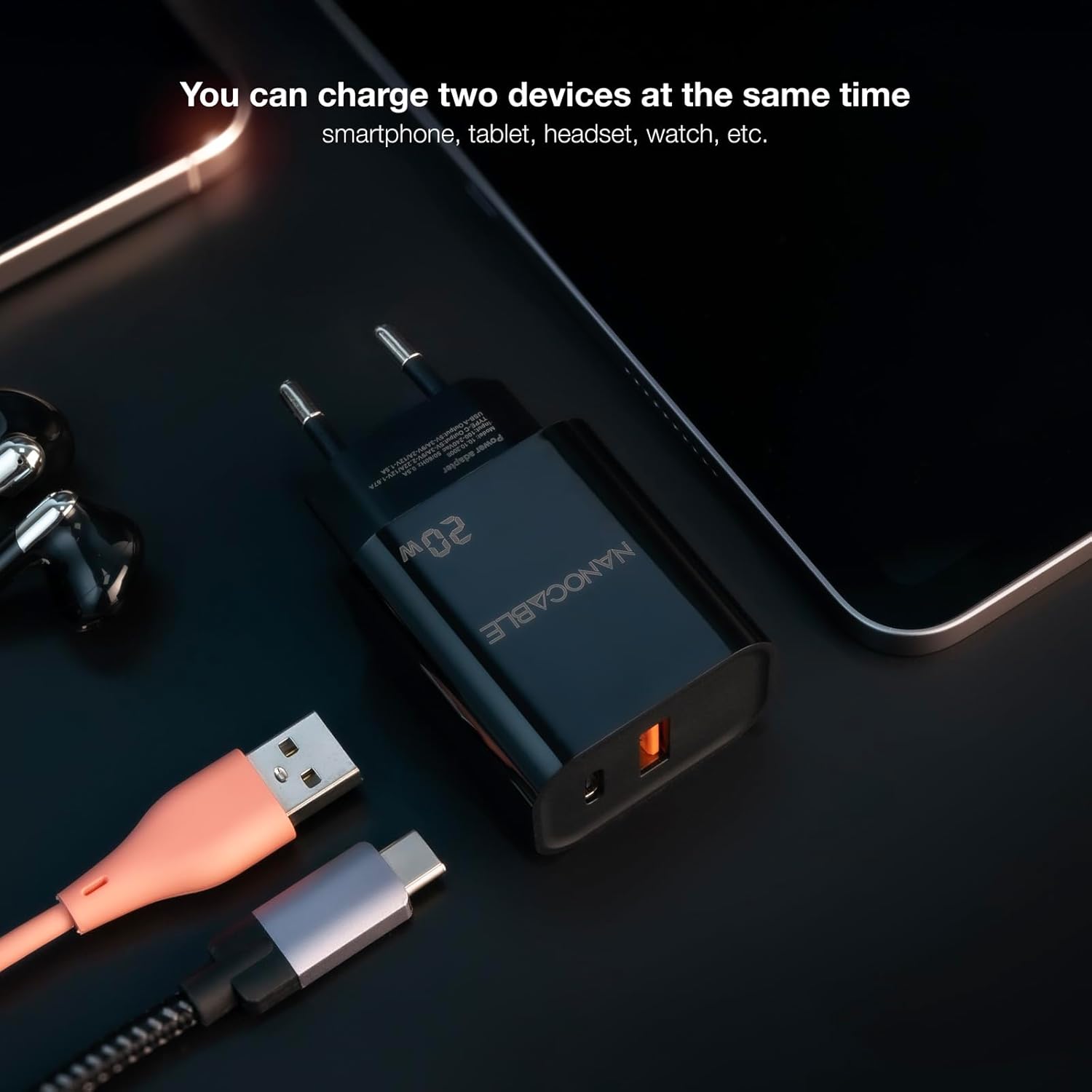 Carregador de Parede Nanocable 10.10.2008/ 1xUSB/ 1xUSB Tipo-C/ 20W/ Preto - Imagem 3