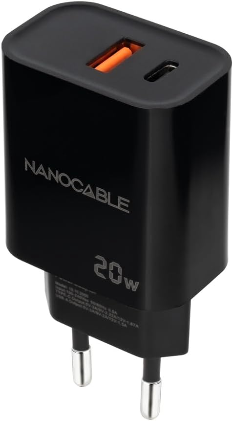 Carregador de Parede Nanocable 10.10.2008/ 1xUSB/ 1xUSB Tipo-C/ 20W/ Preto