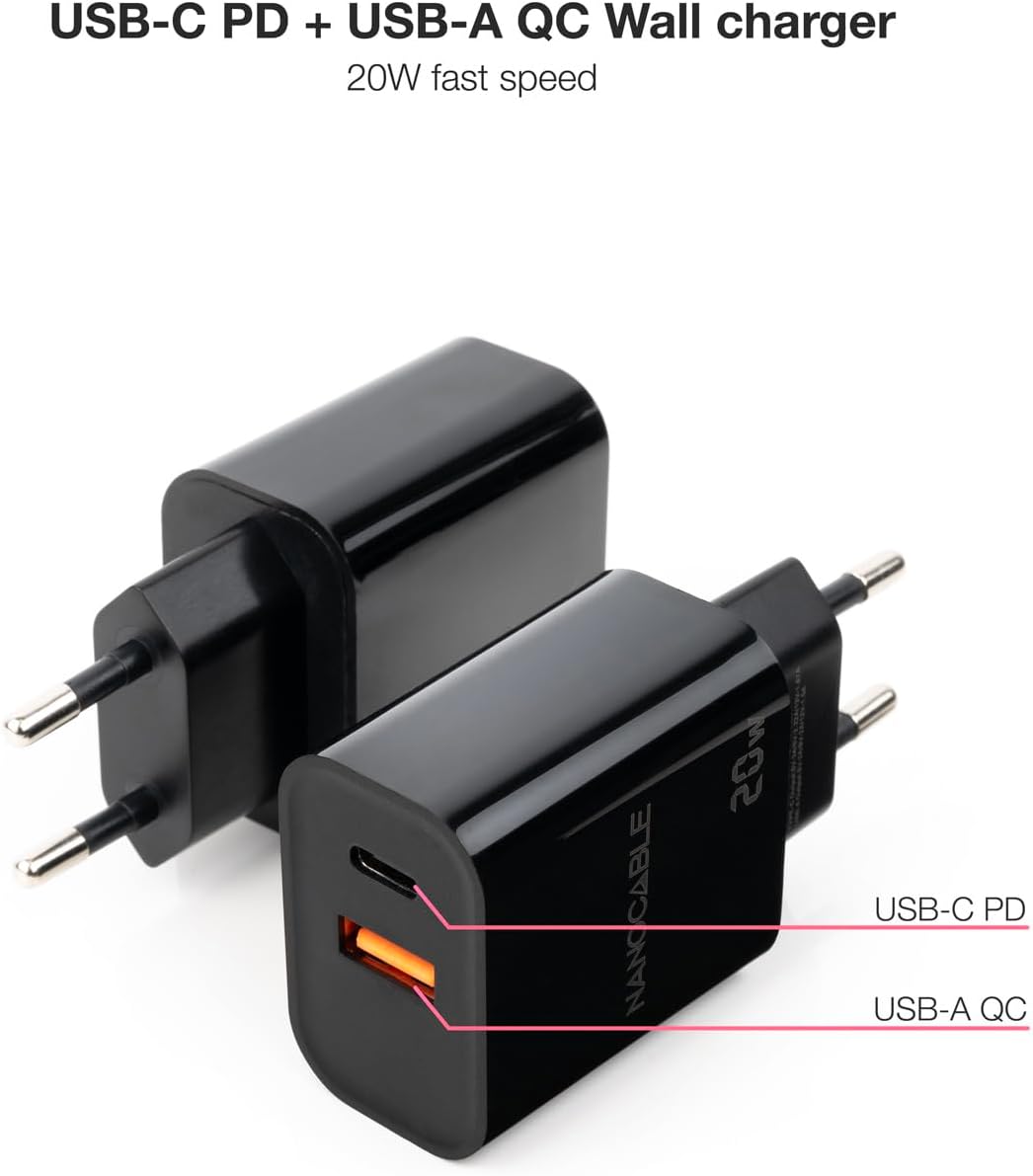 Carregador de Parede Nanocable 10.10.2008/ 1xUSB/ 1xUSB Tipo-C/ 20W/ Preto - Imagem 2