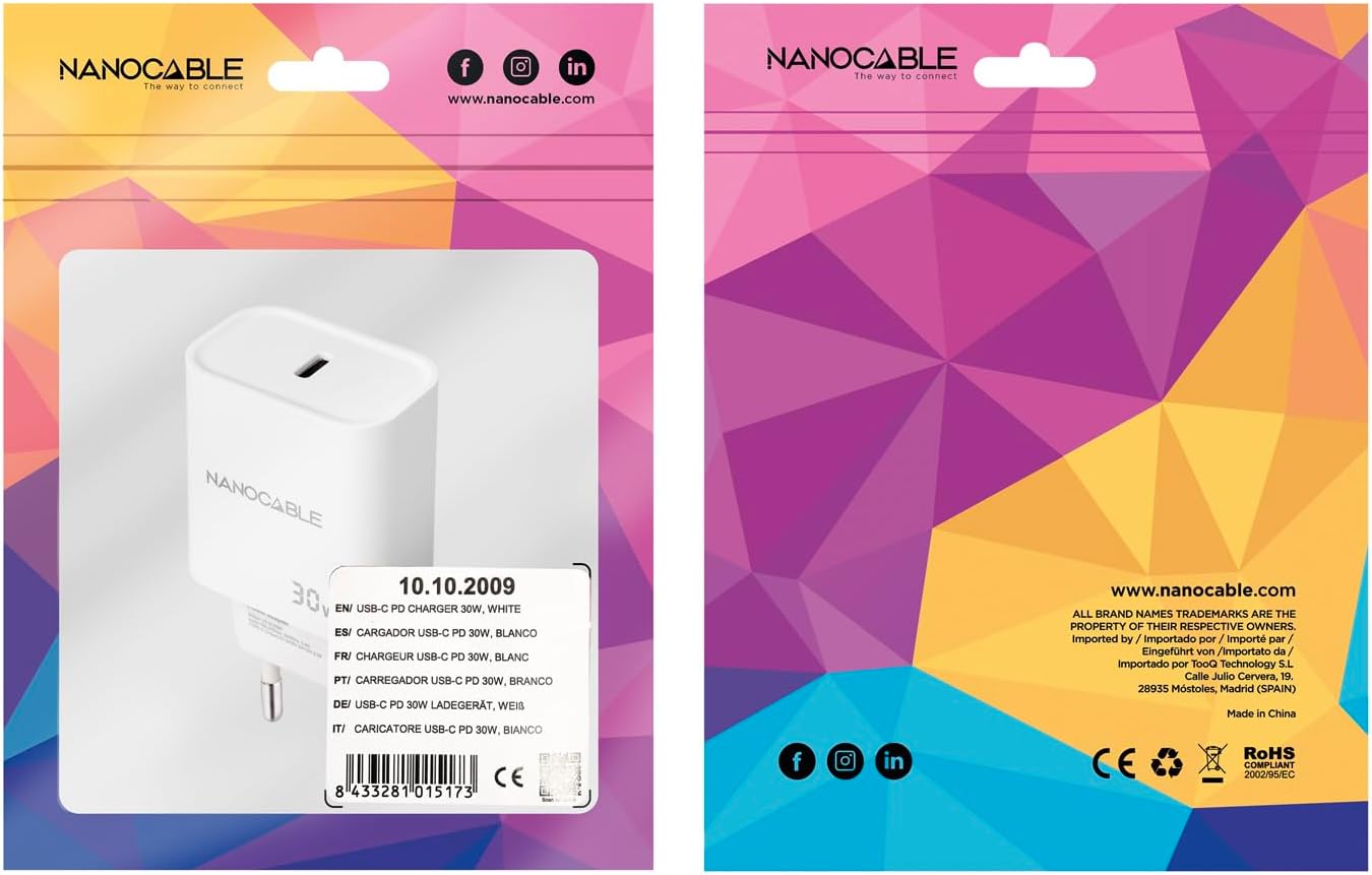 Carregador de Parede Nanocable 10.10.2009/ 1xUSB Tipo-C/ 30W/ Branco - Imagem 5