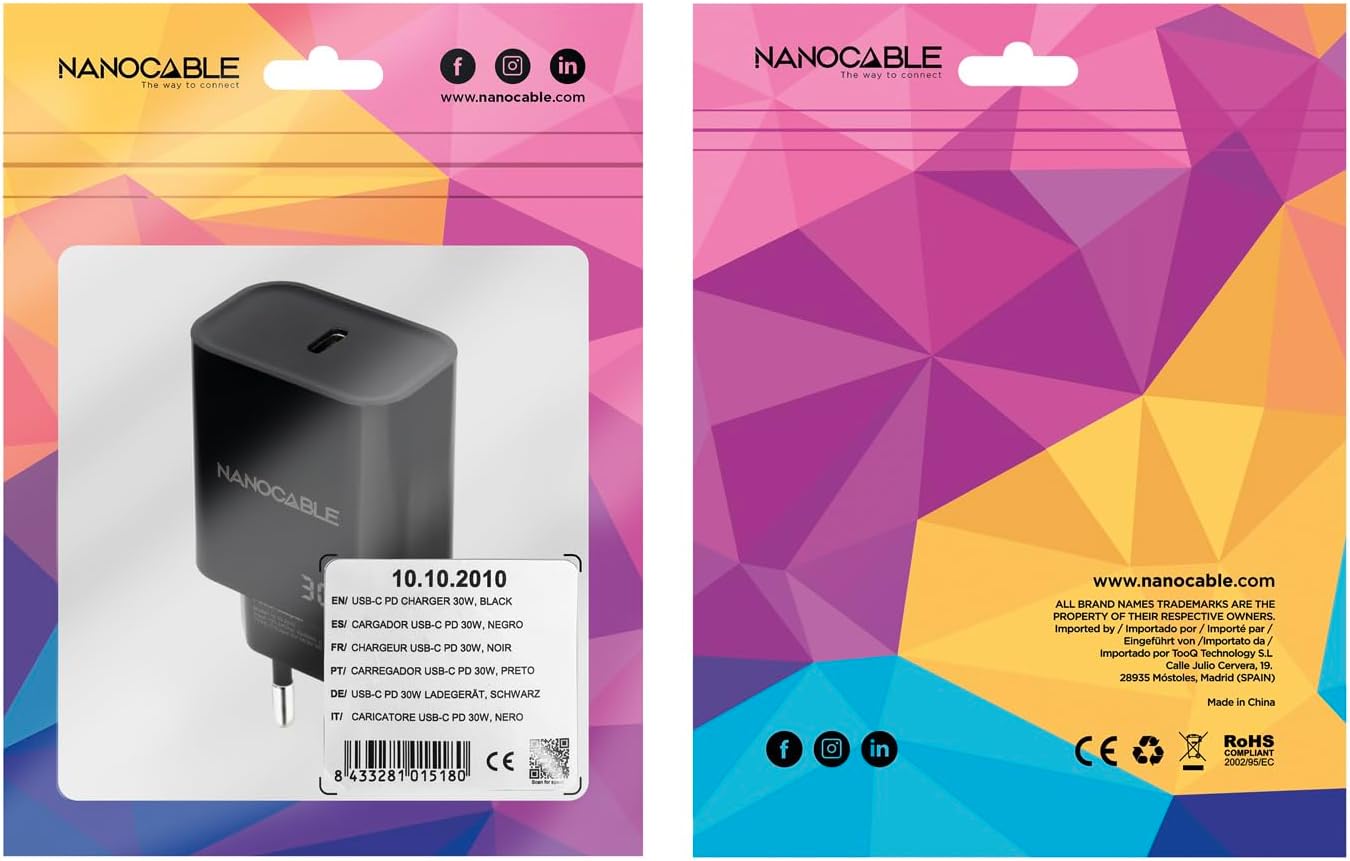 Carregador de Parede Nanocable 10.10.2010/ 1xUSB Tipo-C/ 30W/ Preto - Imagem 5