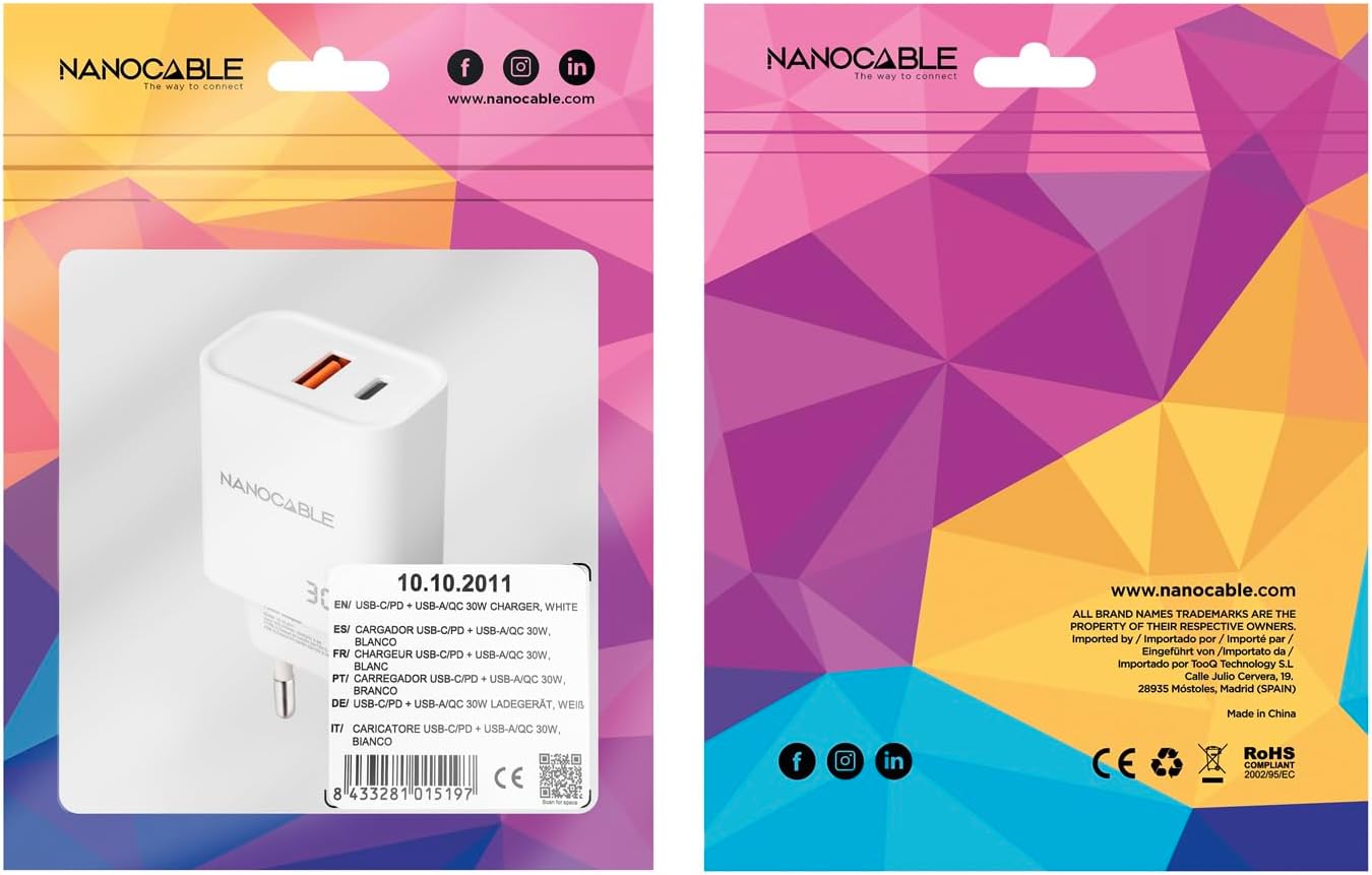 Carregador de Parede Nanocable 10.10.2011/ 1xUSB/ 1xUSB Tipo-C/ 30W/ Branco - Imagem 5