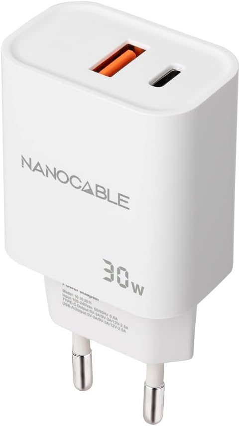 Carregador de Parede Nanocable 10.10.2011/ 1xUSB/ 1xUSB Tipo-C/ 30W/ Branco