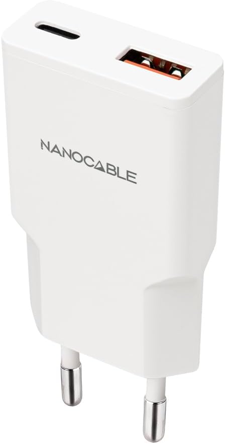 Carregador de Parede Nanocable 10.10.2028/ 1xUSB Tipo-C/ 1xUSB Macho/ 30W/ Branco