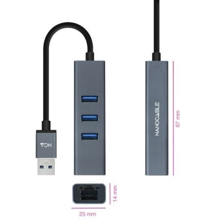 Hub USB 3.0 Nanocable 10.03.0407/ 3xUSB/ 1xRJ45/ Cinzento - Imagem 2