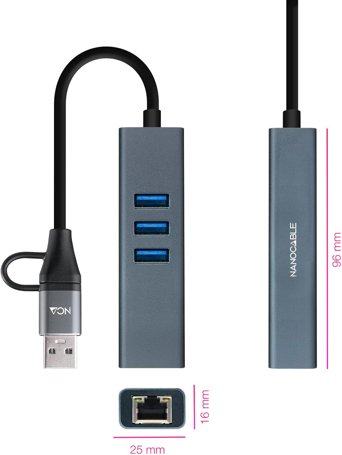 Hub USB + USB Tipo-C 3.0 Nanocable 10.03.0412/ 3xUSB/ 1xRJ45/ Cinzento - Imagem 2