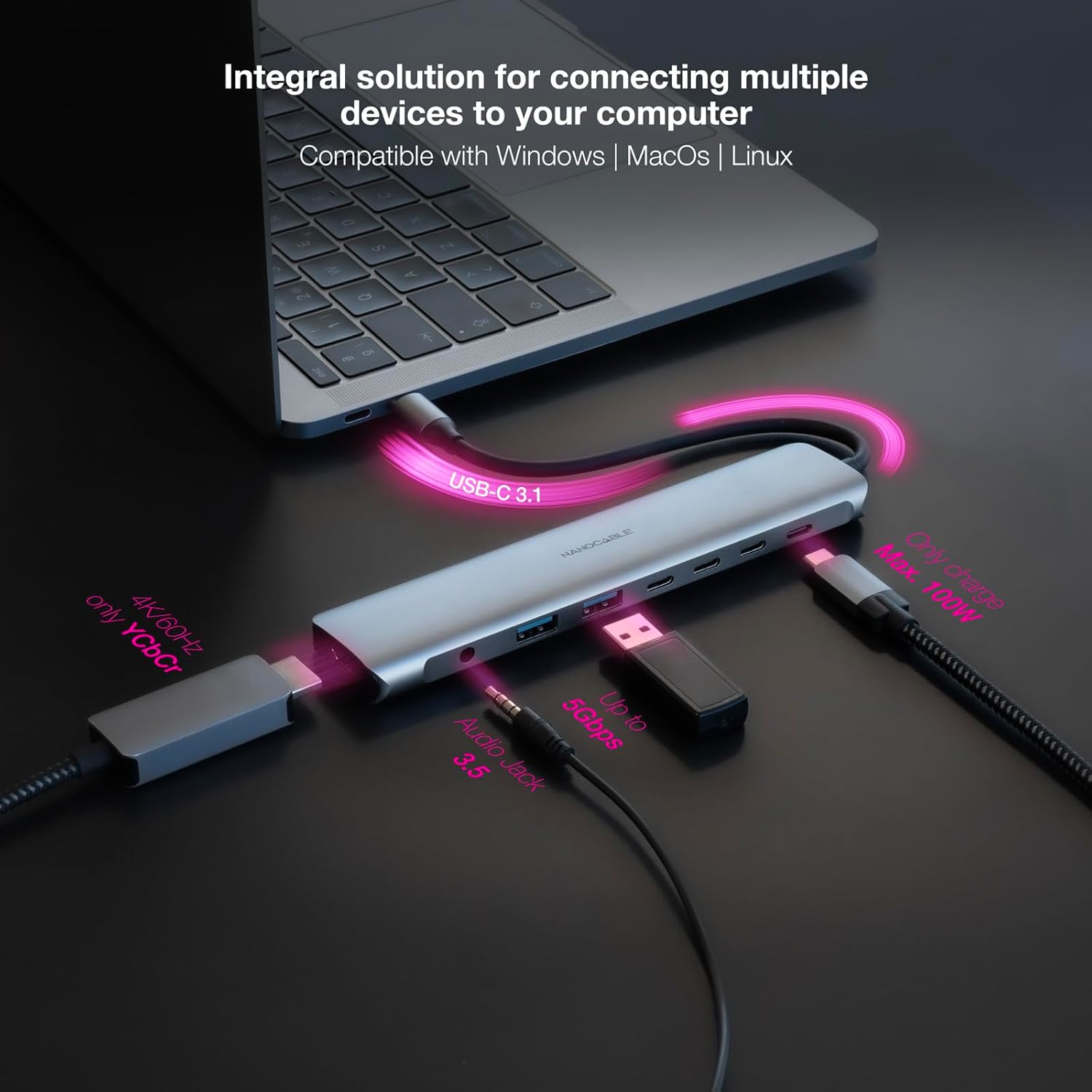 Docking Tipo-C Nanocable 10.16.4608/ 2xUSB/ 3xUSB Tipo-C/ 1xHDMI 4K/ 1xJack 3.5/ 1xUSB Tipo-C PD/ Cinzento - Imagem 4
