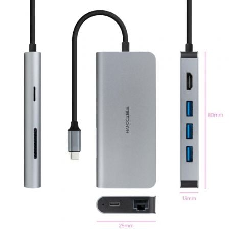 Docking Tipo-C Nanocable 10.16.4609/ 3xUSB/ 1xHDMI 4K/ 1xRJ45/ 1xLeitor de cartões/ 1xUSB Tipo-C PD/ Cinzento - Imagem 2